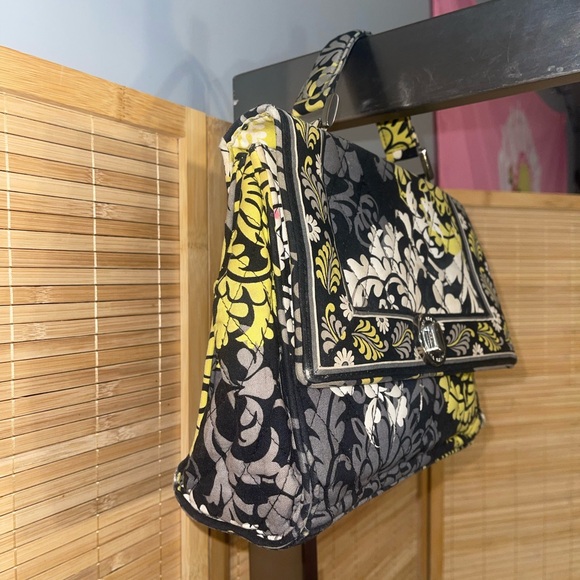 Vera Bradley Floral Quilted Satchel black white yellow tote purse - Picture 3 of 8